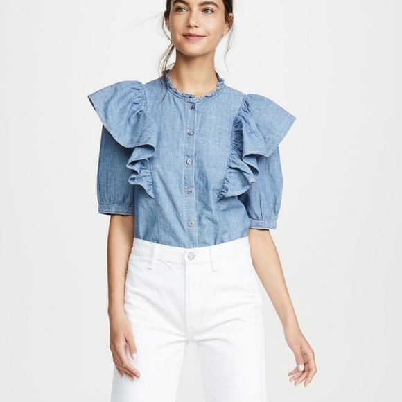 CITIZENS OF HUMANITY Jolene Ruffle Button Down Chambray Top Shirt Blouse - Picture 2 of 9